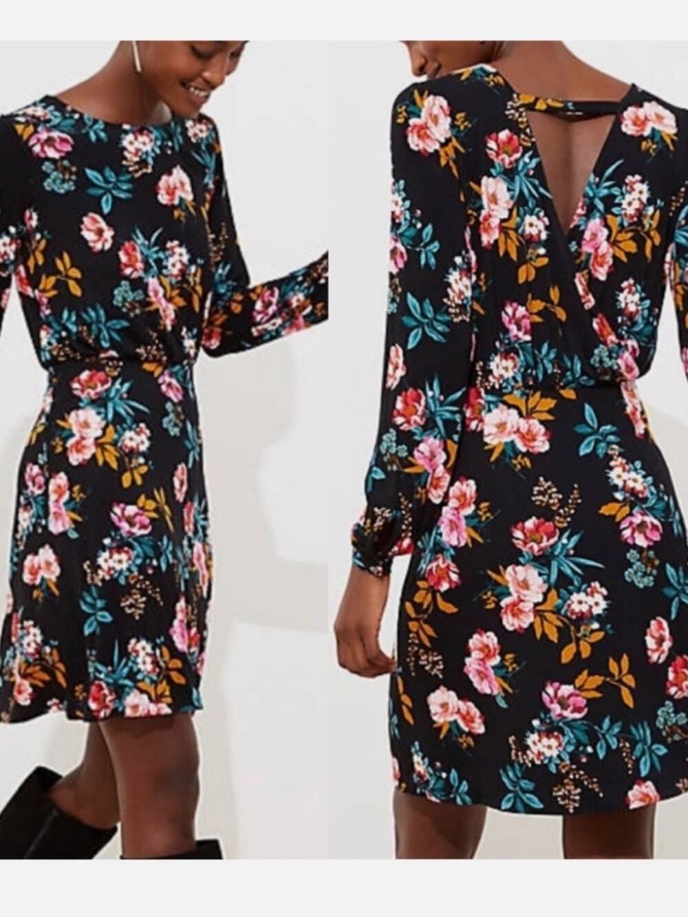 LOFT woman’s 0 Black Floral Long Sleeve Wrap Dress with Pink and Teal Blooms NWT